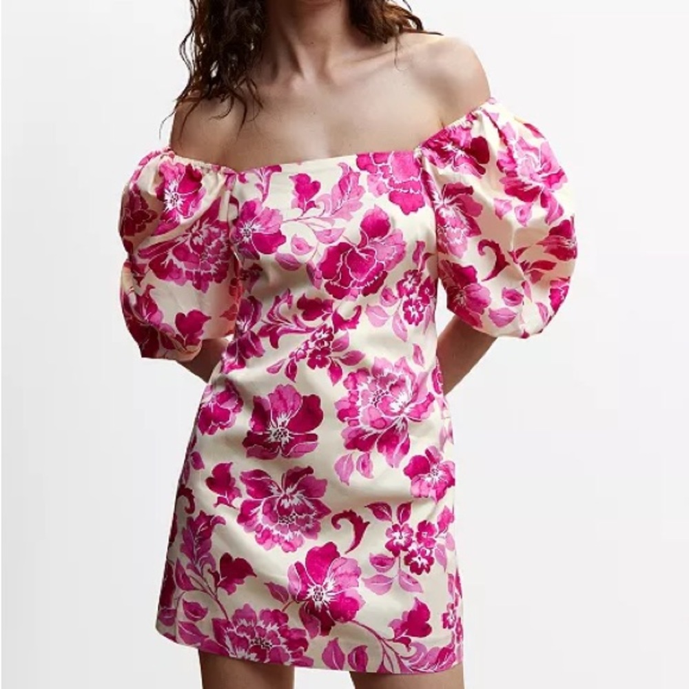 NWT Mango Pink Floral Off-Shoulder Puff Short Sleeve Mini Dress XL / 10